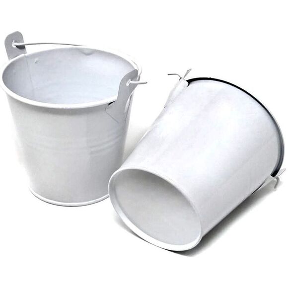 New 6 White Metal Tins Little 2.25”H Buckets w/ Handle Party / Wedding Favor Kit - Picture 7 of 16